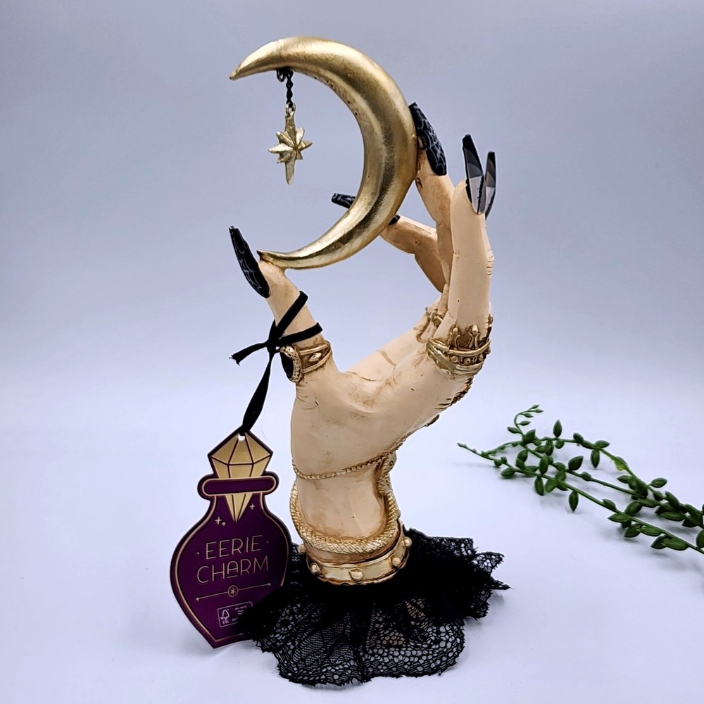 Gothic Celestial Witch Hand Crescent Moon Statue Skull Snake Halloween Decor 11" - Picture 2 of 9